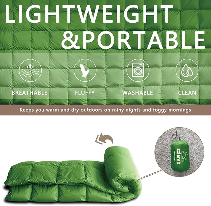 zzlamb Puffy Down Camping Blanket Water-Repellent, Down Throw Travel Blanket Portable for Outdoor, Light Warm Quilt for Couch Plane Car Theater Stadium Picnic RV Backpacking Hammock - Image 5