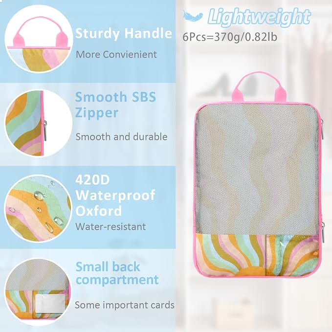 7 Piece Compression Packing Cubes Set - Boho Rainbow Flowers | Ultra-Lightweight, Quick-Dry, Tear-Resistant, Reinforced Zippers, Durable Travel Accessories for Luggage & Suitcases, Pink - Image 4