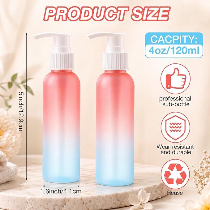 Nuenen 48 Pcs Refillable Empty Lotion Bottles 4oz/120ml Plastic Pump Bottles Conditioner Shampoo Dispenser Leak Proof Pump Container for Body Wash, Creams, Liquid Soap (Pink Blue Gradient) - Image 2