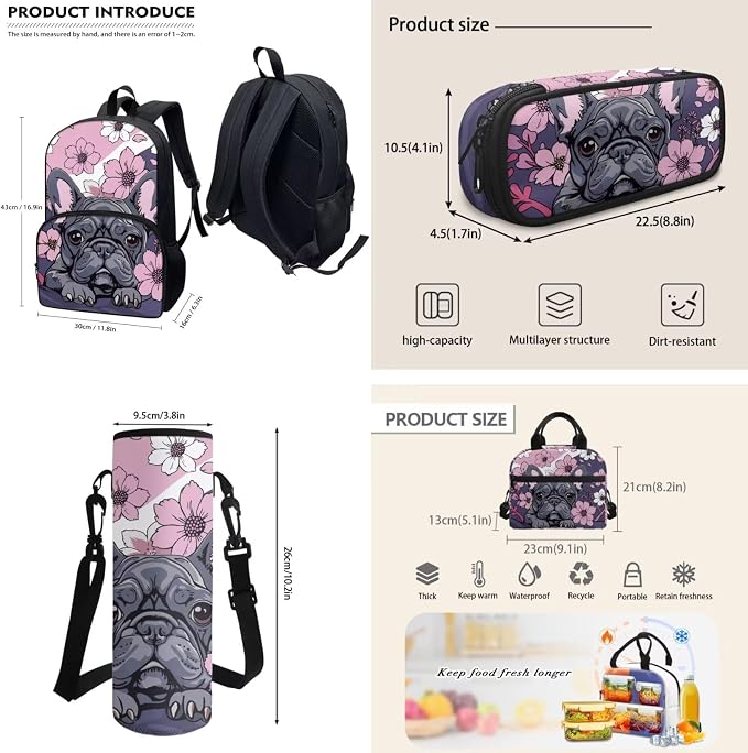 Cartoon Pug Dog Schoolbag Set 4In 1,Pug Dog Purple Floral School Backpack Set with Lunch Box Pencil Bag Bottle Carrier Bag Sling Bags for Boy Girl Middle School Primary Student Bookbag - Image 3