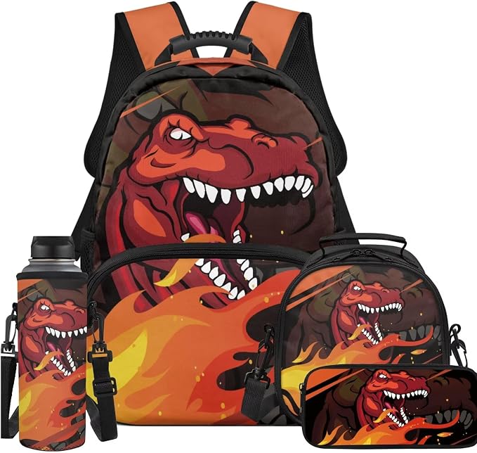 Flame Red Dinosaur SchoolBags for Boys 7-10 Kids Backpack and Lunch Box Set for Elementary Preschool Student with Zipper Pencil Case Water Bottle Sleeve Lightweight Bookbags School Supplies by Unknown
