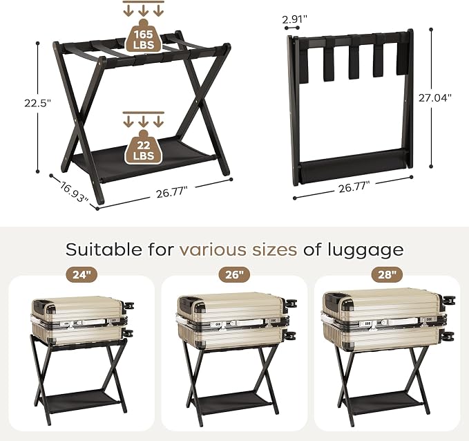 Fully Assembled Black Luggage Rack for Guest Room, Bamboo Folding Suitcase Stand with Fabric Storage Shelf, 5 Nylon Straps, Upgraded Luggage Rack Holder for Bedroom Hotel, Holds up to 165 Lbs, 1pcs - Image 2