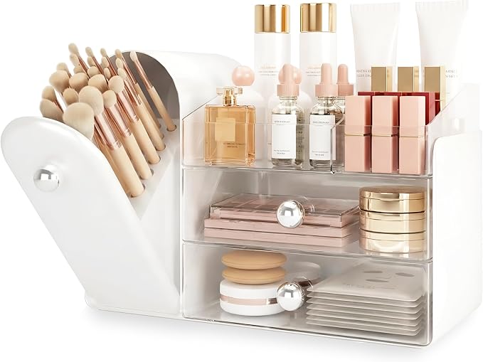 lurcns Makeup Organizer with Dustproof Brush Holder for Vanity, Large Cosmetics Organizer and Bathroom Countertop Skincare Storage with 2 Clear Drawers for Lipstick, Perfume, Eyeshadow Palettes,White by lurcns