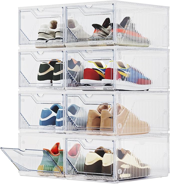 XX-Large Shoe Sneaker Storage Boxes for Size 14, Stackable & Thicken Clear Plastic Shoe Organizers 8 Packs for Entryway Closet Under Bed, Shoe Storage Cabinets Container Display Case w/ Magnetic Door by BROVIEW-EnjoytheArtofLife