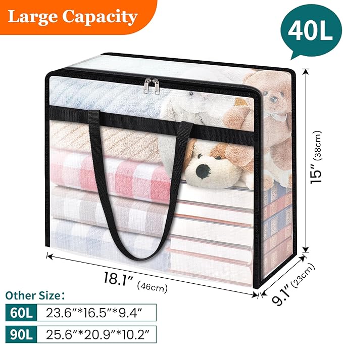 TasticTotes 4 Pack Clear Storage Bags for Comforter, Clothes & Bedding, Plastic Blanket Storage with Zipper and Handle, Moving Bags, Closet Organizer and Under-Bed Storage (40L) - Image 2