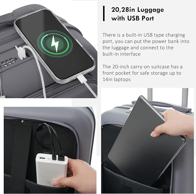 4-Piece Luggage Set, Suitcase with TSA Lock Travel Duffel Bag Wet-Dry Toiletry Bag, Grey Front-Opening - Image 3