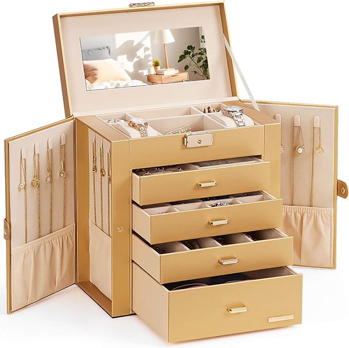 Homde Synthetic Leather Huge Jewelry Box Mirrored Watch Organizer Necklace Ring Earring Storage Lockable Gift Case (Gold) by Homde