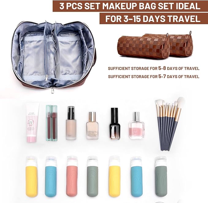 BOYATU Travel Makeup Bag Organizer: 3 Pcs Set Large Capacity Cosmetic Bags Holds 10–20 100ml Full-Size Bottles - 180°Open-Flat Make up Case 3-sec touch-up - Toiletry Bag Gift women (03-A-Coffee) - Image 4