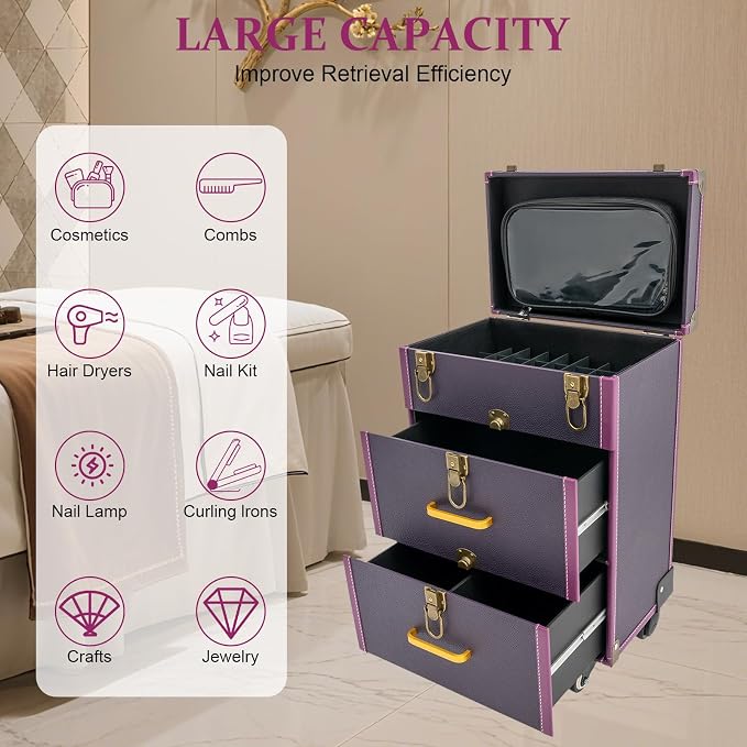 Rolling Makeup Case Cosmetic Train Case Trolley Storage Polish Organizer Purple - Image 3
