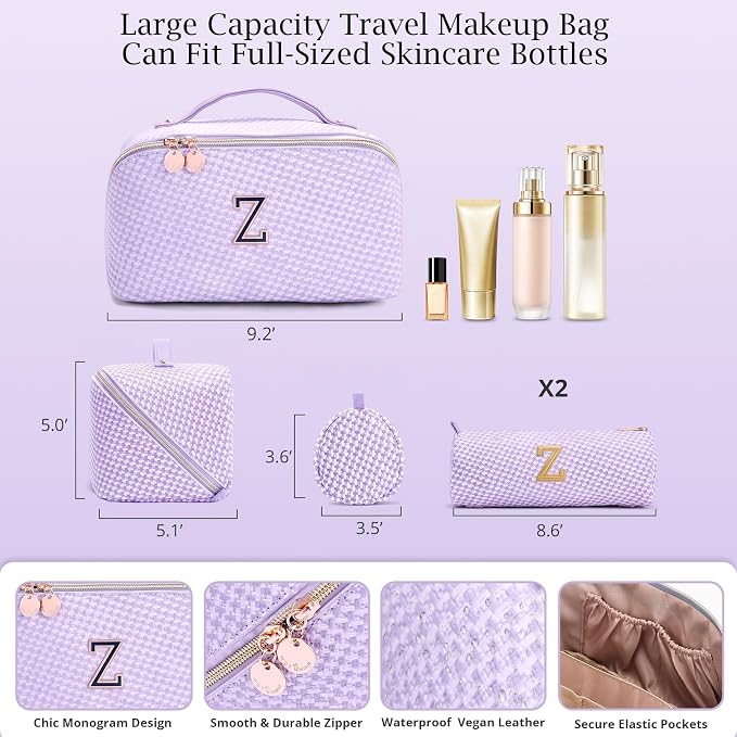 Personalized Gift Travel Makeup Bag: Initial Makeup Organizer Bag for Women | 3-in-1 Custom Make up Bag Set - Vegan Leather Travel Cosmetic Bag - Luxury Gift for Women – Birthday, Anniversary, Graduation - Image 7