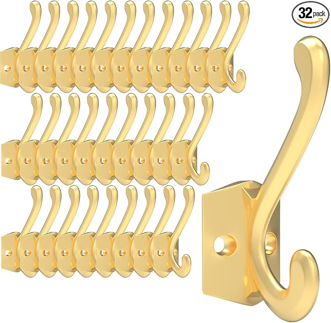 CBWLWJ 32 Pack Heavy Duty Metal Wall Hooks for Hanging, Wall Mounted Coat Hooks for Living Room, Bathroom, Kitchen – Hang Coat, Bag, Scarf, Towel, Hat, Key, Cup (Gold) by CBWLWJ