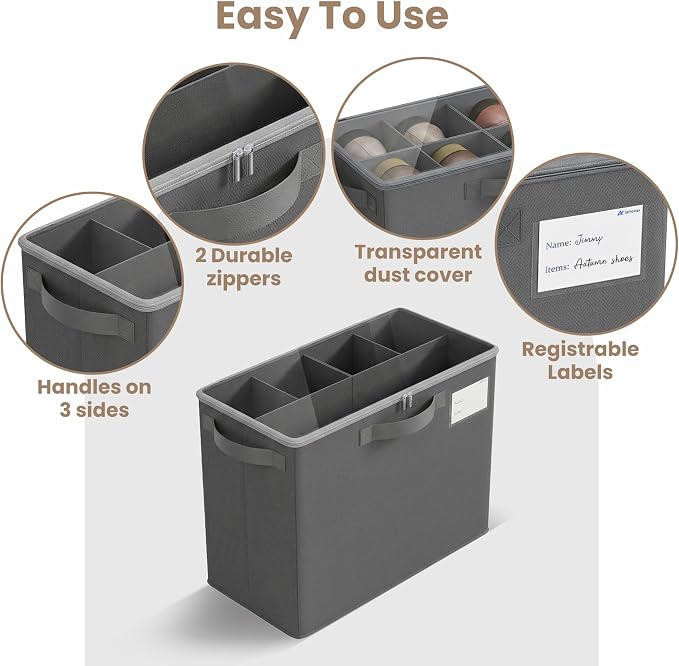 Varhomax Shoe Organizer Box for Closet, Small Fabric Storage Basket Gray | Foldable Shoe Bin with Adjustable Dividers & Clear Cover, Saving Space Sneakers & Sandals Containersfor Entryway, Cubby - Image 6
