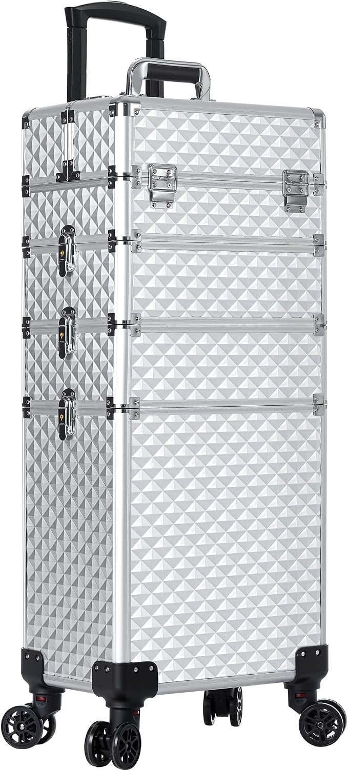AROUS Rolling Makeup Train Case 4 in 1 Cosmetology Case on Wheels Large Storage Cosmetic Trolley with Key Salon Barber Case Traveling Cart Trunk, Silver - Image 9