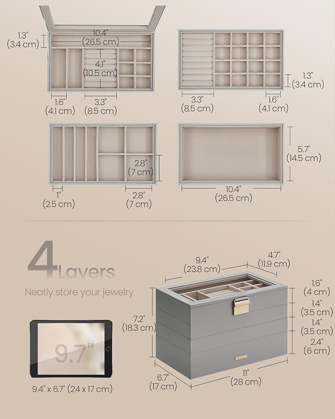 SONGMICS Stackable Jewelry Trays, 4-Tier Jewelry Box, Drawer Jewelry Organizer, with Glass Lid, Removable Dividers, for Vanity Table, 6.7 x 11 x 7.2 Inches, Gift Idea, Dove Gray UJBC164G01 - Image 5