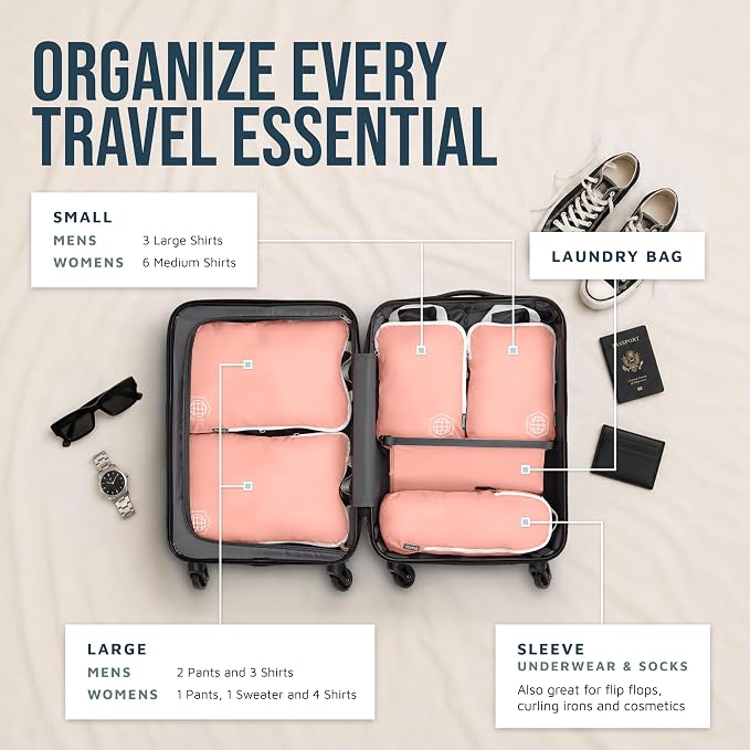 Compression Packing Cubes for Travel, 6-Piece Lightweight Packing Cubes Set for Carry-On Luggage & Backpacks – TRIPPED Travel Gear (Coral Bloom) - Image 2