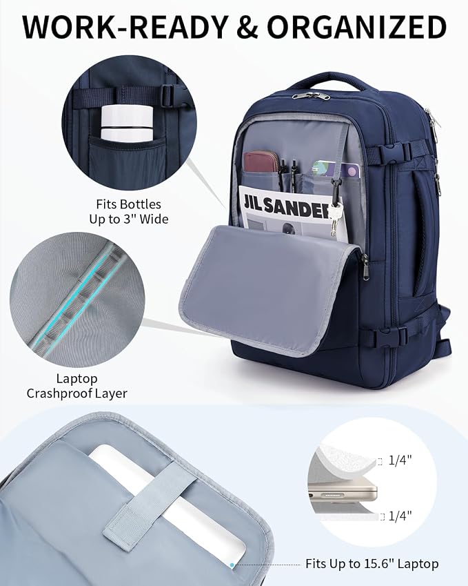 ECOHUB 17" Small Unisex Travel Backpack United Airlines Approved 17x10x9 Friendly Suitcase Anti-Theft Lockable Zippers Style Personal Item Bag Travel Essentials with 12 Pockets Water Resistant, Blue - Image 4
