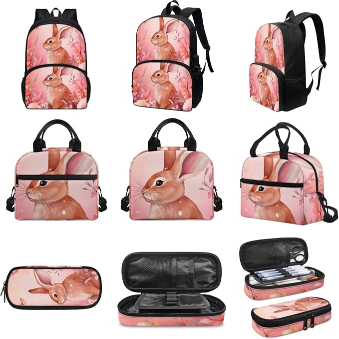 Pink Rabbit Backpack with Lunch Box and Pencil Case Girls Comfy Padded Cute School Backpack Set of 3 Bookbag for Student Lightweight Large Capacity Daypack - Image 3