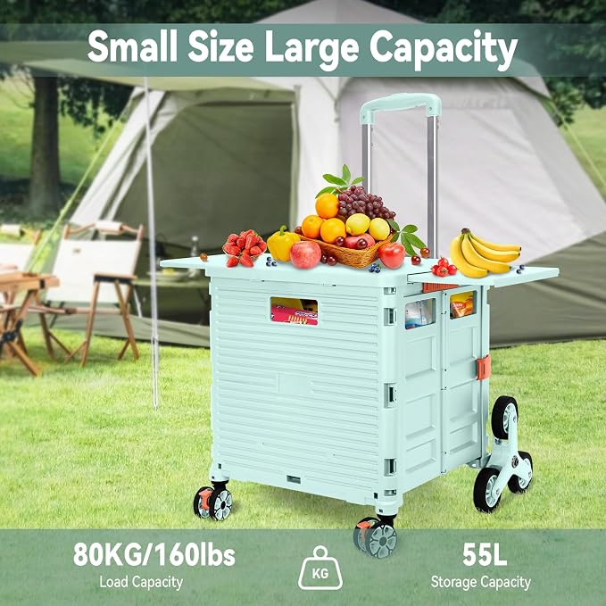 Foldable Utility Cart Portable Crate Rolling Dolly with Telescopic Handle,Can be Pulled diagonally, Magnetic Retractable Lid, 360°Swivel Climbing Wheels for Shopping Carrying Groceries Move Green - Image 6