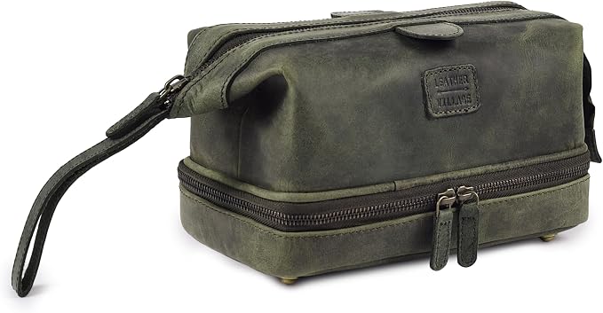 LEATHER VILLAGE Genuine Leather Dopp Kit – Large Travel Toiletry Bag with Waterproof Lining, Dual-Zip Design for Men & Women, Organizer for Shaving, Makeup & Essentials - Olive by LeatherVillage