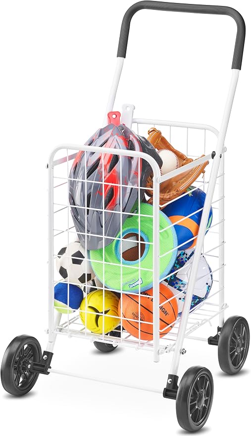 Whitmor Folding Utility Shopping Cart with Wheels, Heavy Duty Metal Grocery Cart, Portable Foam Handle, Rolling Collapsible Trolley for Groceries, Laundry, Storage, White by Whitmor