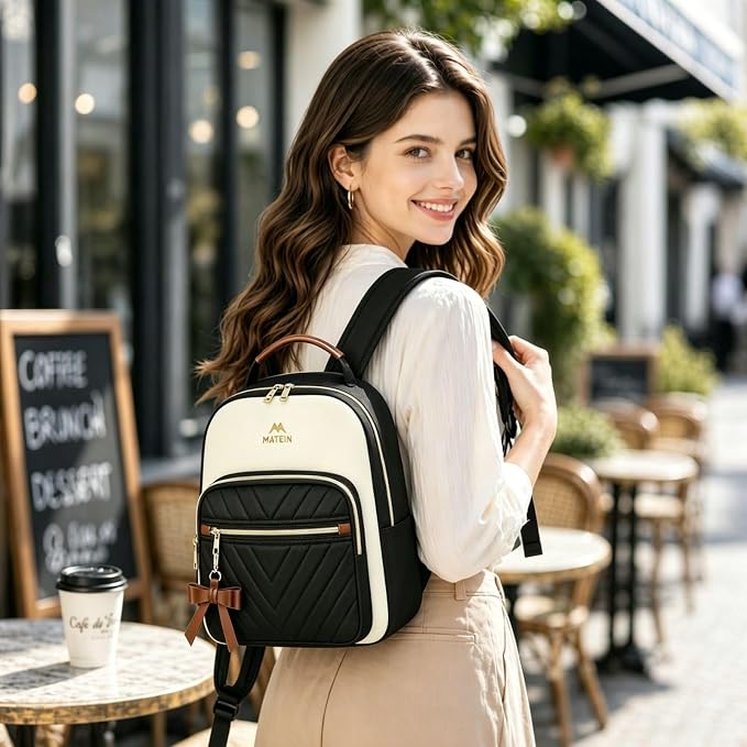 MATEIN Mini Backpack Purse for Women, Small Daypack, 2pcs Sets, Black-Beige | Waterproof Fashion Cute Backpack, Casual Daily Shoulder Bag Handbags, Ladies Girls Bookbag, for Travel Work School College - Image 2