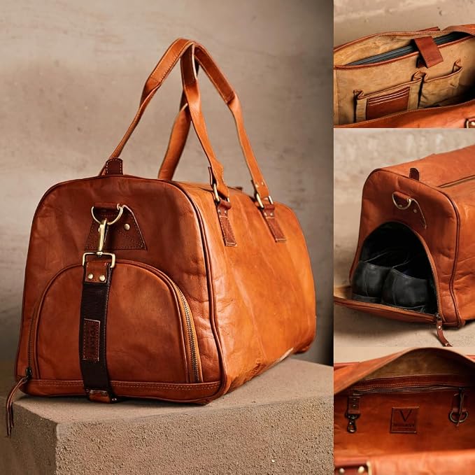 Leather Duffle Bag for Men & Women, 46L Overnight Weekender Garment Duffel Bags for Travel, Carry On Mens Weekend Bag for Traveling, Gym - 23 Inch, Brown (Tan) - Image 3