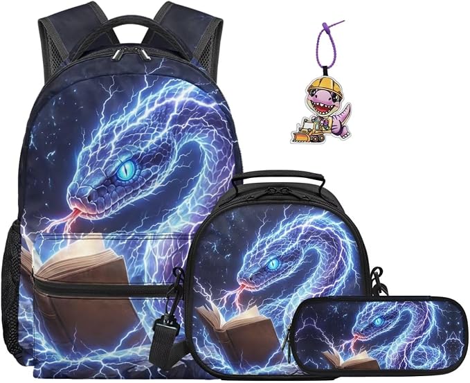 Cool Lightning Snake Print Backpack Set for Kids 4-Piece Animal Pattern School Bag with Lunch Box for Boys Elementary Back to School Supplies Ages 5-12 by Dremagia