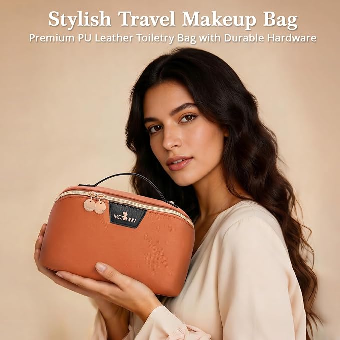 Travel Makeup Bag for Women: 3-in-1 Large Capacity Cosmetics Organizer with 2 Detachable Pouch - Vegan Leather Flat Open Toiletry Bag - Travel Essentials for Full-Sized Bottles(Orange) - Image 9