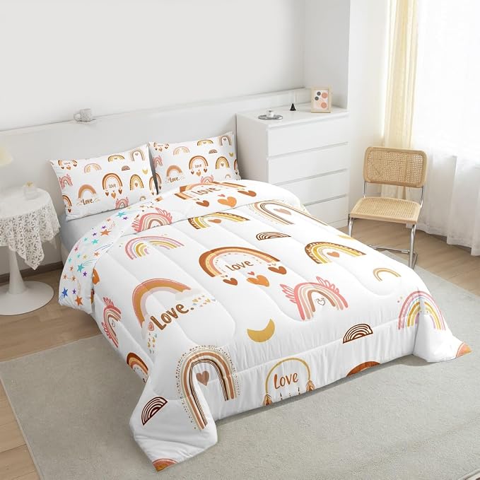 Kids Rainbow Duvet Insert, Kawaii Decor Comforter Set King For Kids Girls Boys, Cartoon Love Heart Bedding Set Cloud And Moon Hand Drawn Duvet Sets Soft Microfiber Comforter + 2 Pillow Cases - Image 4