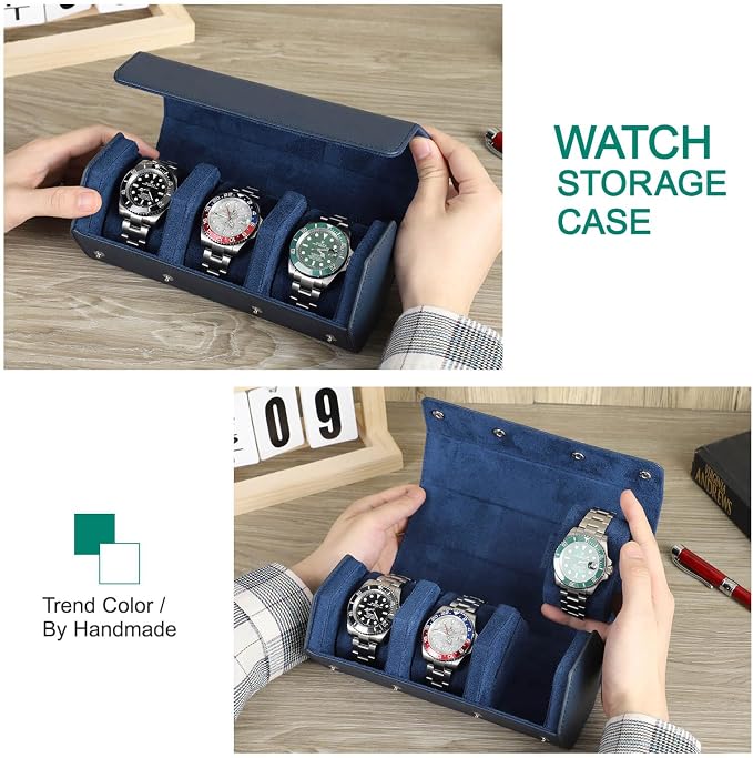 Hiram Genuine Leather Hexagon Watch Roll Travel Case, Leather 3-Watches Roll Case with Removable Pillow Cushion for Treasured Watches and Bracelets -Blue - Image 5