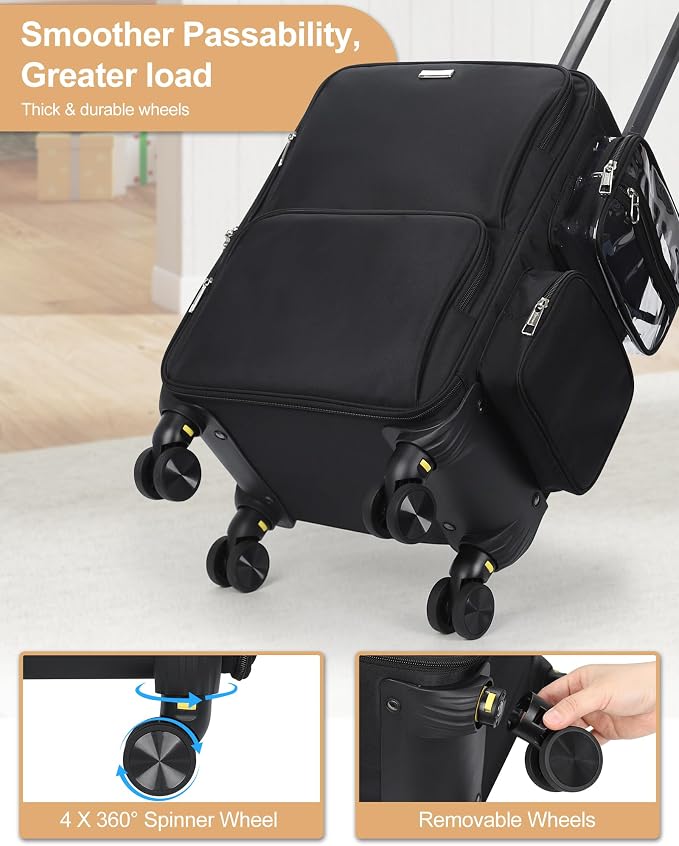 Relavel Rolling Makeup Case, Extra Large Makeup Train Case Cosmetology Case on Wheels Professional Makeup Artist Bag Cosmetic Brush Organizer Box with 4 Clear Set Bags, 360° Spinner Wheels, Black - Image 4