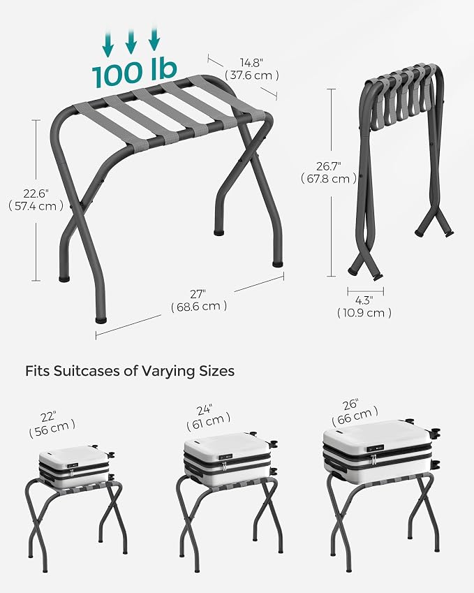 SONGMICS Luggage Rack, Pack of 2, Luggage Racks for Guest Room, Suitcase Stand, Steel Frame, Foldable, for Bedroom, Gray URLR64GS-2 - Image 5