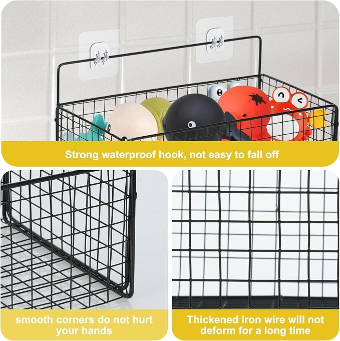 2 Pack Bath Organizer,Hanging Metal Mesh Shower Caddy with Adhesive Hooks for Bathtub Easy Access Toys,Large Bath Storage Holder for Storing Toiletries,Cosmetics, Clothes(Black) - Image 3