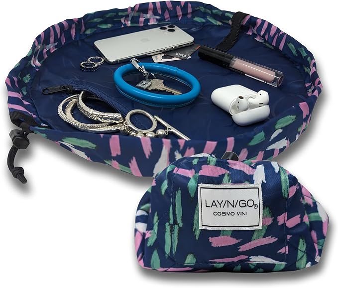 Lay-n-Go Cosmo Layflat Drawstring Cosmetic & Makeup Bag Organizer - Portable Drawstring Makeup Bag w/Zipper Pocket & More - Durable, Machine Washable Toiletry Bag for Travel (16", Crossmark) by Lay-n-Go