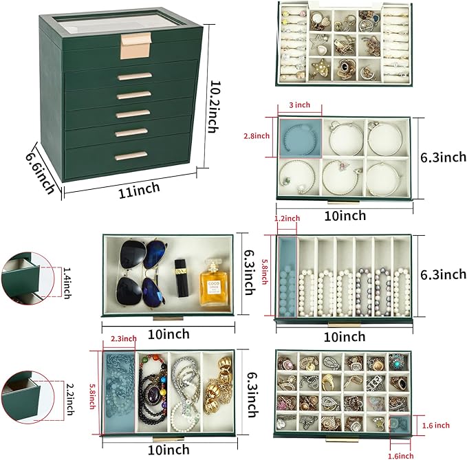 BOOVO Jewelry Box for Women, Green 6 Layer Large Jewelry Organizer with Glass Lid for Necklace, Bracelet, Earrings Storage, Jewelry Organizers and Storage for Girls Gift (Green and Gold, 6 layer) - Image 4