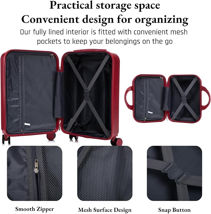 2-Piece ABS Hard Shell Lightweight Carry-On Luggage Set (14" & 20"), 360-Degree Spinner Wheels, Adjustable Telescopic Handle and Combination Lock for Travel, Wine Red - Image 5