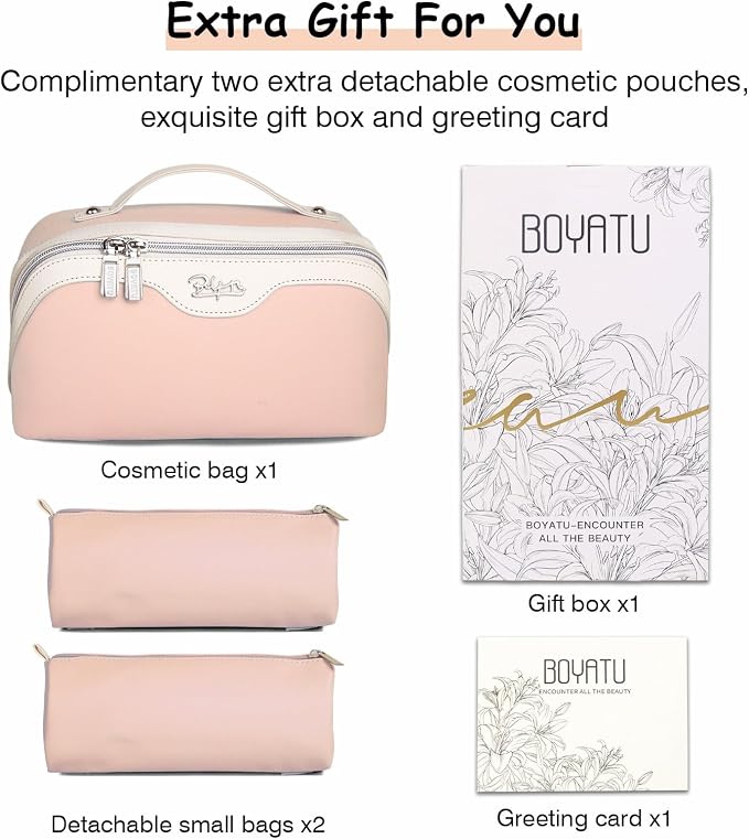 BOYATU Travel Makeup Bag Organizer Cosmetic Bag: 3 Pcs Set Make up Bags for Women with Handle - Waterproof Vegan Leather Toiletry Bags Travel Essentials Pouch with Compartments (A-09-Pink) - Image 6
