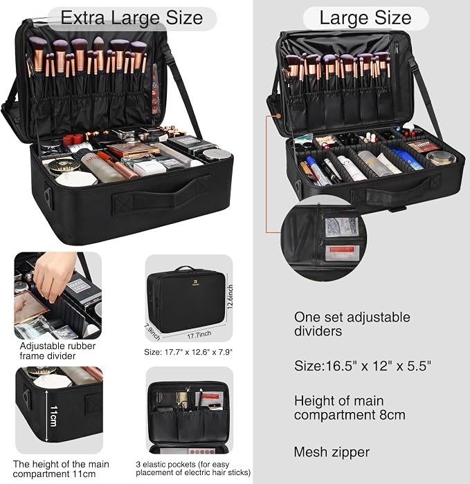 Relavel Large Makeup Organizer Profession Makeup Bag Extra Large Makeup Case with Adjustable Dividers, Adjustable Angle Fixed Belt and Shoulder Strap Plastic Dividers - Image 2