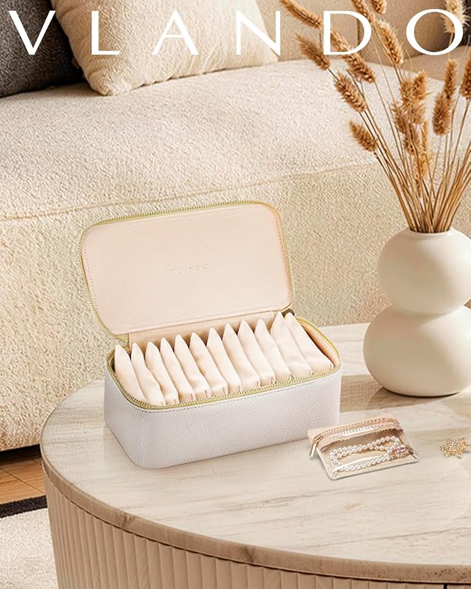 VLANDO Travel Jewelry Case,Jewelry Box with 12 Velvet Jewelry Pouch Jewelry Travel Organizer for Women Girl Jewelry Case Necklace Rings Earrings Bags Wedding Gifts (White) - Image 8
