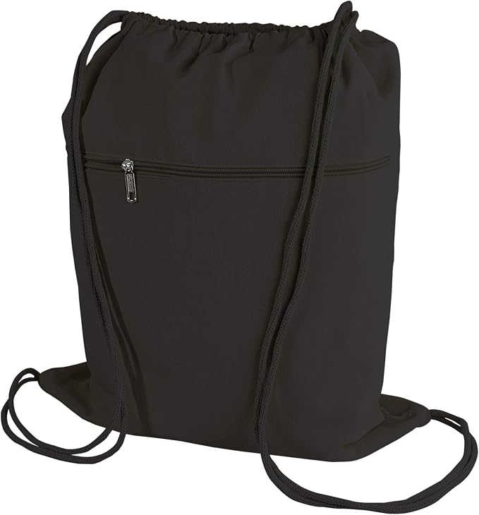 TBF Cotton Canvas Drawstring Backpack with Zippered Front Pocket Cinch Sack Pull String Sport Bags for Gym, Hike, Men Women Kids Bags (Black, Set of 6) by TOTEBAGFACTORY