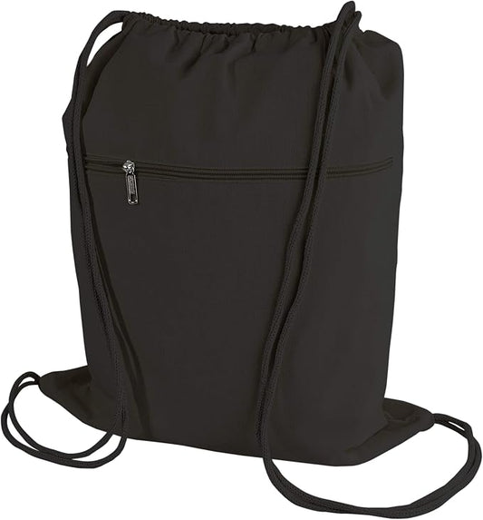 TBF Cotton Canvas Drawstring Backpack with Zippered Front Pocket Cinch Sack Pull String Sport Bags for Gym, Hike, Men Women Kids Bags (Black, Set of 12) by TOTEBAGFACTORY