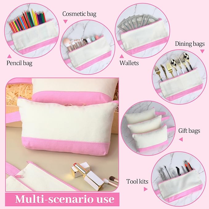 Silkfly 15 Pcs Cotton Canvas Makeup Bags Cosmetic Zipper Bags 10.2 x 5.5 x 2'' Blank DIY Pouch Bulk Pencil Case with Bottom Travel Toiletry Pouch for Women Craft Decor Gift (Beige and Pink) - Image 4