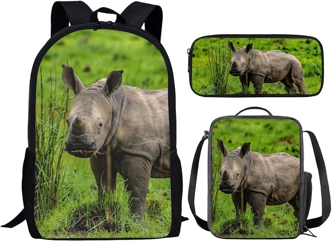 Kids Novelty Animal Backpack and Lunch Box for Boys Girls Student Lightweight 17 Inch School Rhinoceros Backpack with Lunch Bag Pencil Case Kids Comfy Padded Black Large Bookbag - Image 2
