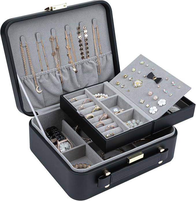 Large Jewelry Travel Organizer, 2 Layers Jewelry Box with Tray Black - Image 2