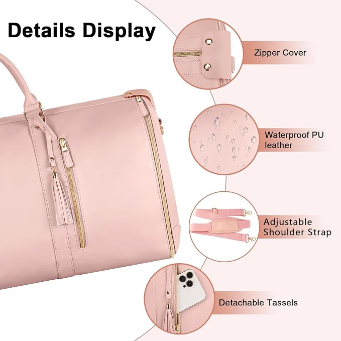 Ytonet Rolling Garment Bags for Travel, Convertible Carry On PU Leather Travel Bag 2.0 Roller Edition, 3 in 1 Suit Garment Duffle Bag with Wheels and Shoe Pouch for Business Wedding Overnight, Pink - Image 5