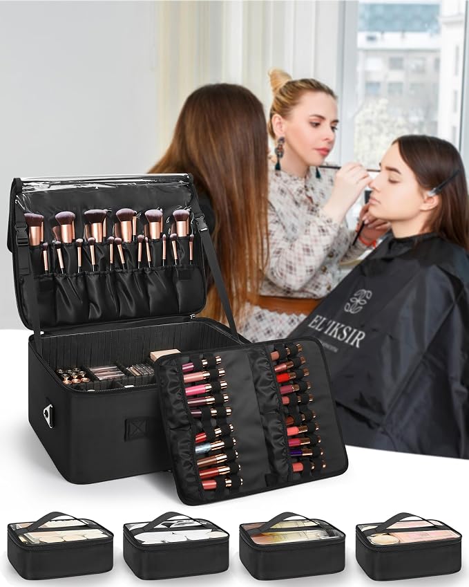 Relavel Extra Large Cosmetic Case, Travel Makeup Bag with 4 Clear Pouches & Lipstick Plate, Portable Cosmetic Case Storage Organizer Box for Makeup Artists with Shoulder Strap & Adjustable Dividers - Image 2