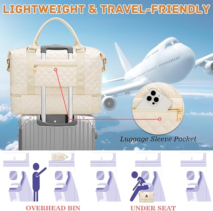 Gifts for Women Initial Travel Duffle Bag Quilted Weekender Bags Carry-On Overnight with Cosmetic Bag, Gym Bag with Shoe Compartment Hospital Bag for Women Labor Delivery, Beige-M - Image 6