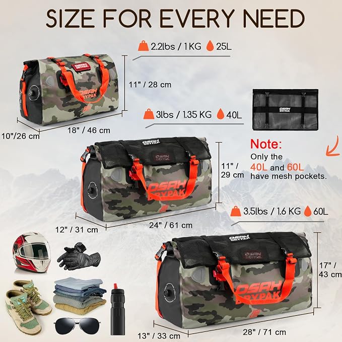 OSAH DRYPAK Waterproof Duffel Bag - Motorcycle Dry Bag Tail Bag with Large Storage Space, Waterproof Luggage Duffle Bags with Outer Mesh Zipper Pocket for Camping, Kayaking, Fishing & Traveling - Image 2