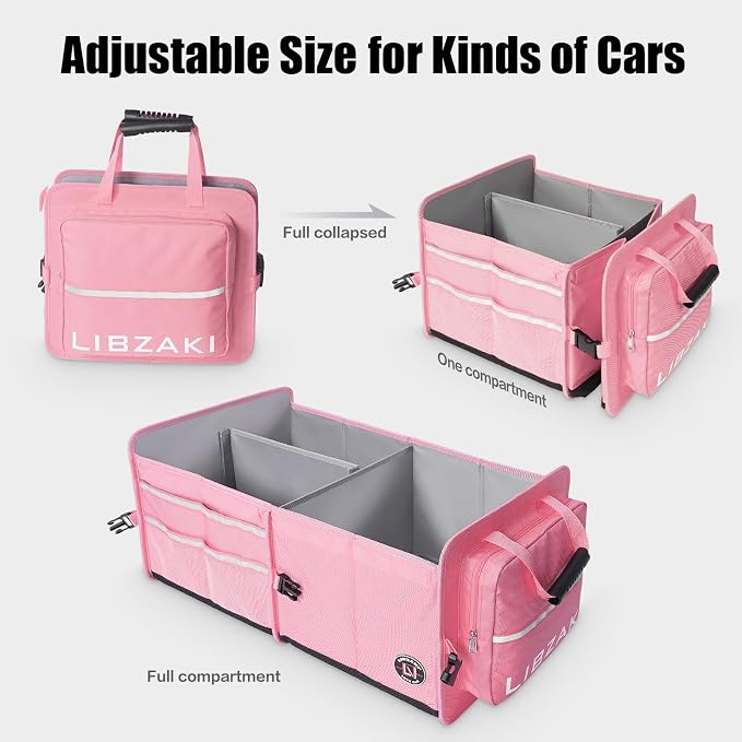 LIBZAKI Car Trunk Storage Organizer, Multi Compartment Collapsible Trunk Storage Box for Car Truck SUV-Pink - Image 3