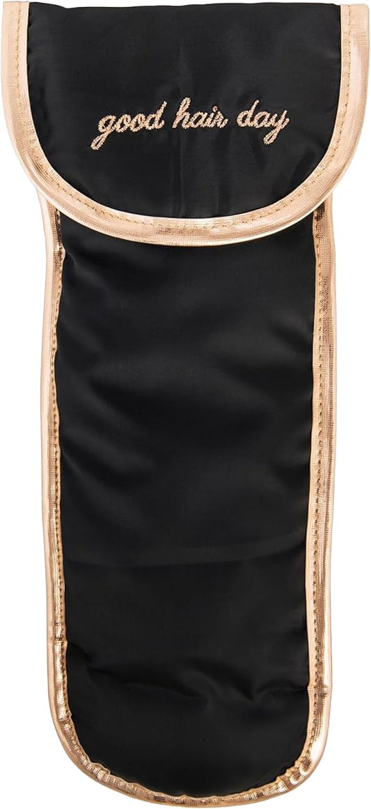 Miamica “Good Hair Day” Heat-Resistant Hair Tool Bag with Secure Closure, Black/Rose Gold, 5.5” x 13” x .5” – Store Flat Iron, Curling Iron, & More When Traveling by Miamica